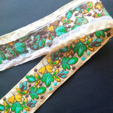 Beige Fabric Trim, Floral Embroidery in Red And Beige / Green And Yellow, Approx. 45mm- 210119L39/40